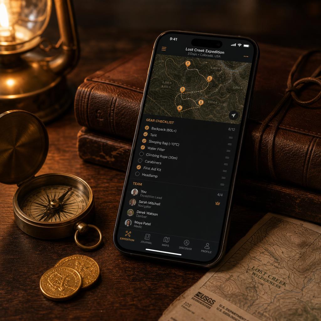 BOTG trip plan with waypoints and gear list on iPhone