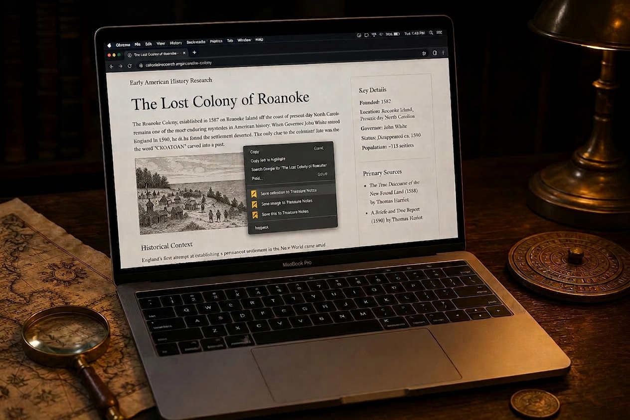Chrome browser with Treasure Notes right-click context menu open