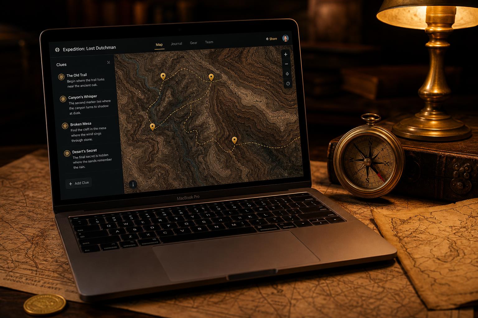 Topo map studio open on a MacBook beside a brass compass
