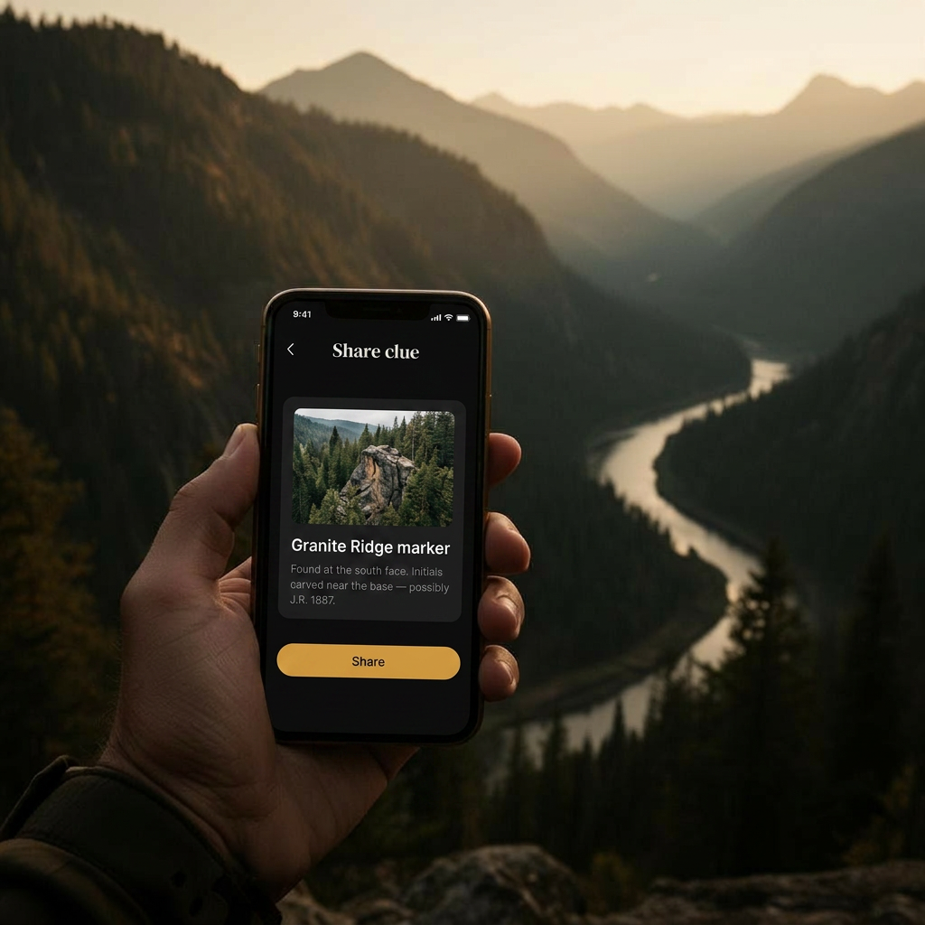 Hiker holding an iPhone showing a Treasure Notes share preview with mountains and a river in the background