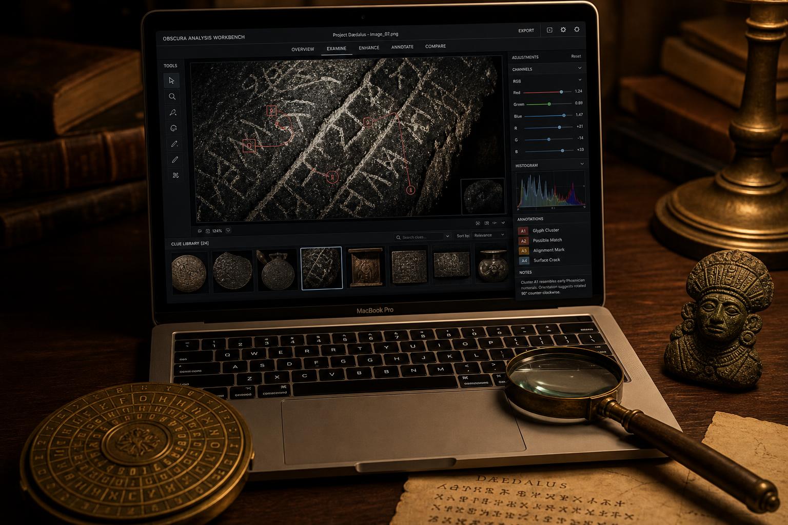 Image analysis workbench with annotated cipher photo